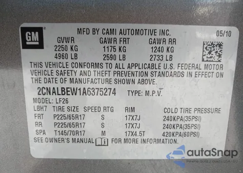 2010 Chevrolet Equinox Ls from USA, damaged, VIN 2CNALBEW1A6375274